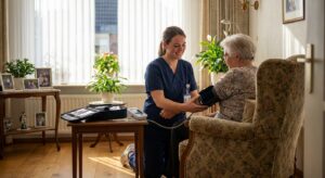 Infirmière prenant la tension d'une patiente à domicile